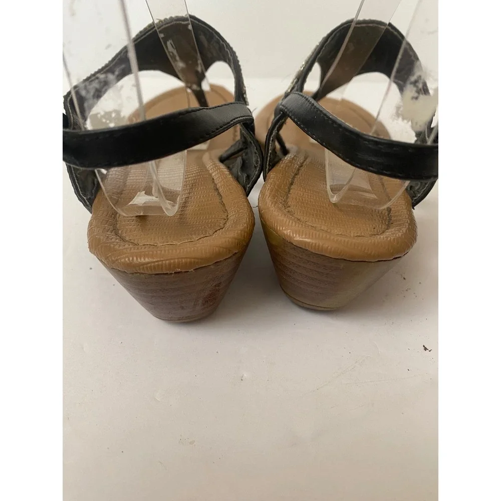 Nicole shoes‎ Black Rhinestone T-Strap Wedge Sandals Buckle Slingback Size 7M